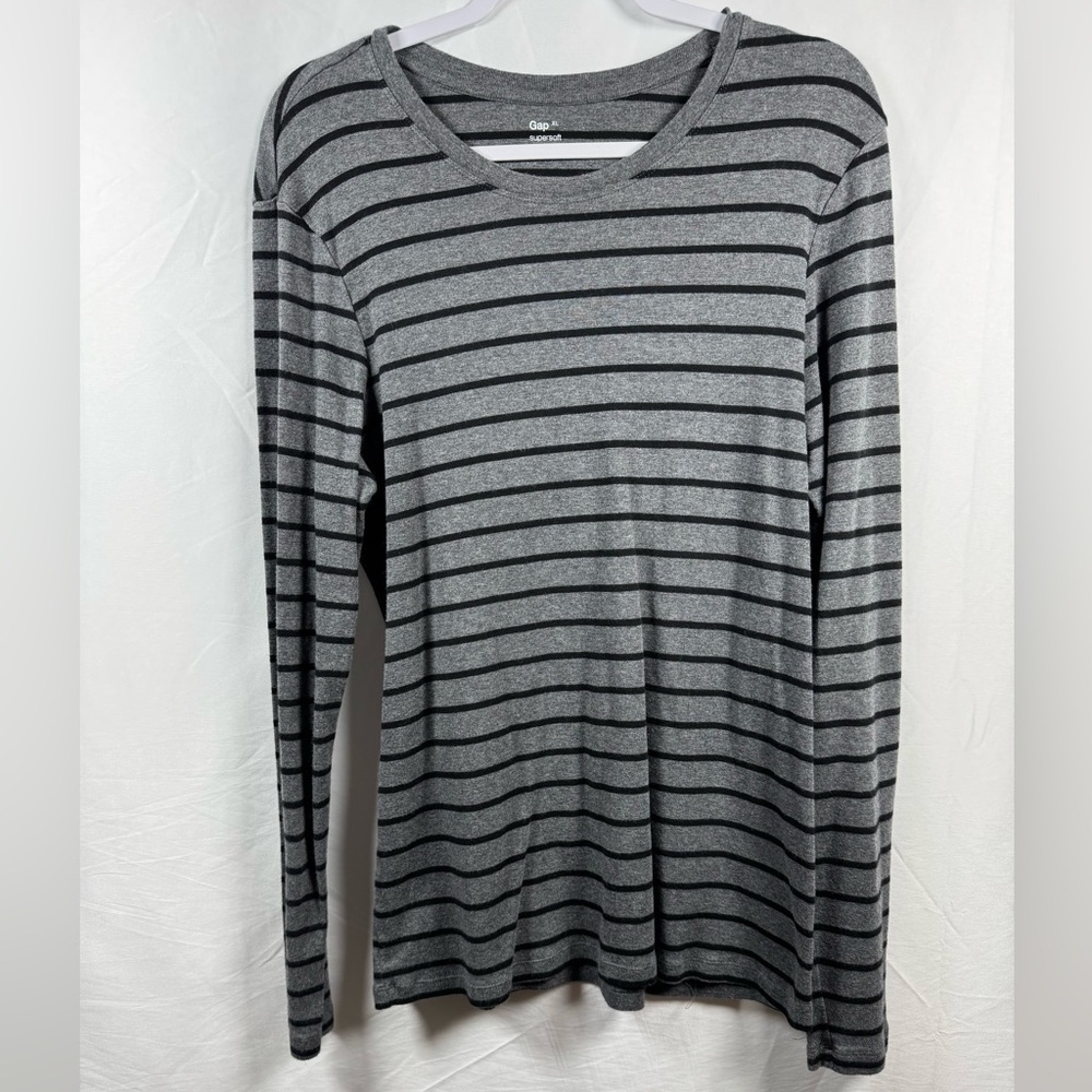 GAP Women's Supersoft Long Sleeve Gray and Black Striped Tee XL